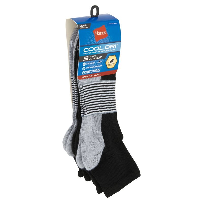 Hanes Cool Dri Men's Ankle Sport Styling Socks, Shoe Size 6-12, 3 pair