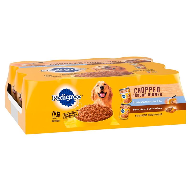 PEDIGREE CHOPPED GROUND DINNER Adult Canned Wet Dog Food, Chicken, Liver &amp; Beef Bacon, (12) 13.2 oz.