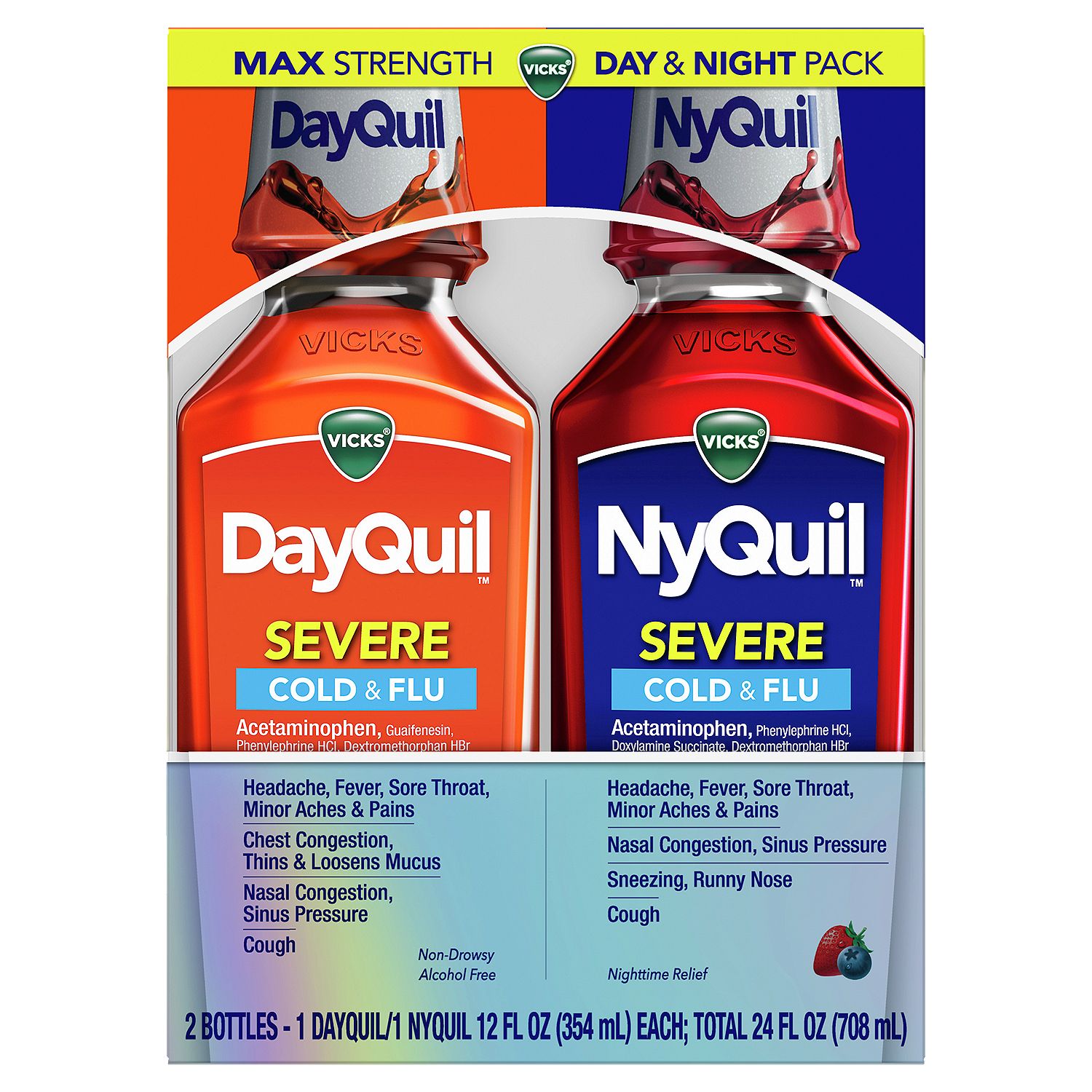 Vicks DayQuil/NyQuil Severe Max Strength Liquid Day &amp; Night Pack, 12 fl oz, 2 count