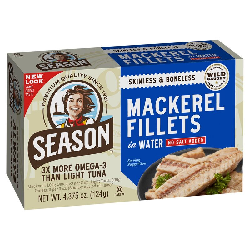 Season No Salt Added Skinless &amp; Boneless Mackerel Fillets in Water, 4.375 oz