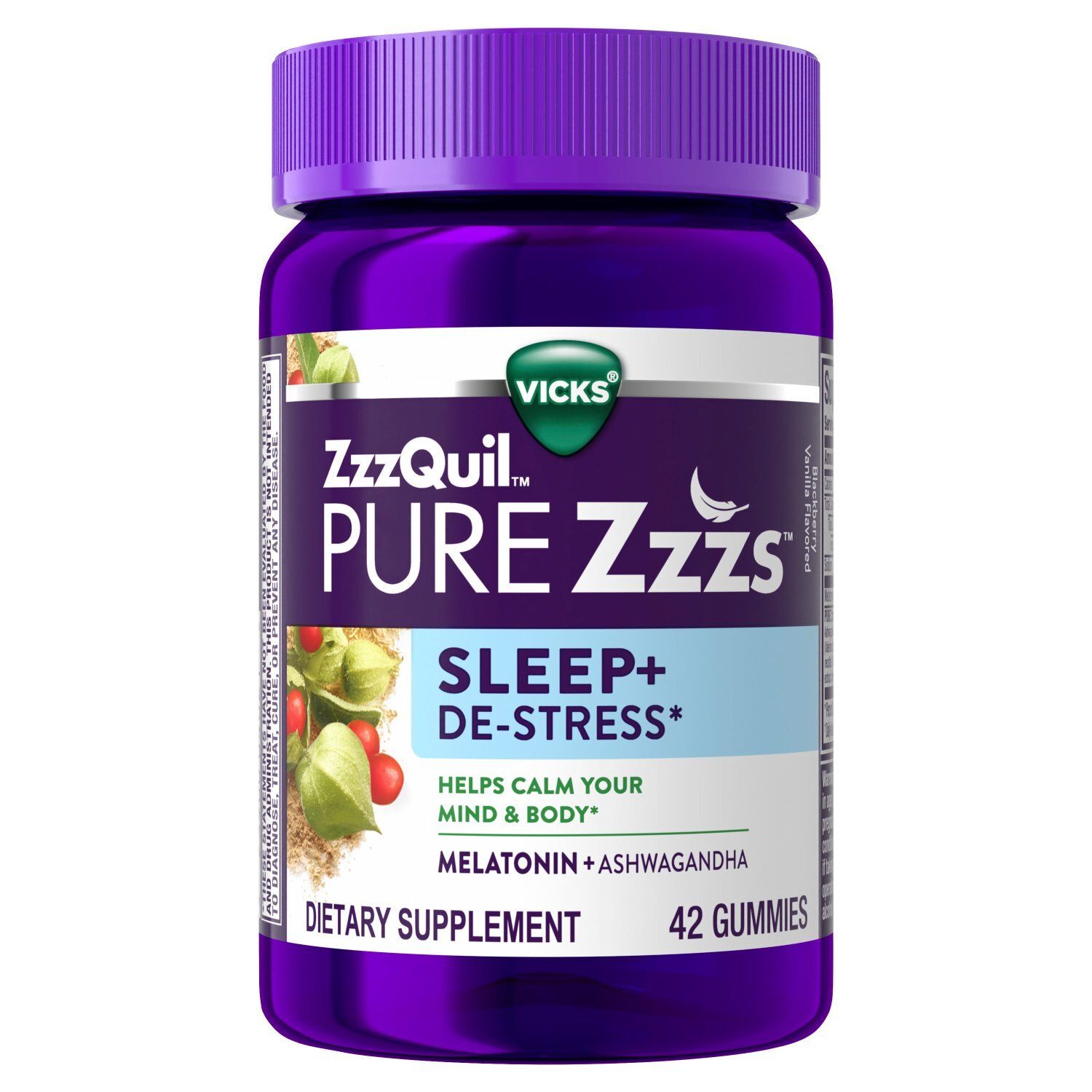 ZzzQuil PURE Zzzs De-Stress Gummy, Melatonin Gummies, Sleep Aid, Melatonin 2mg, Ashwagandha for Str