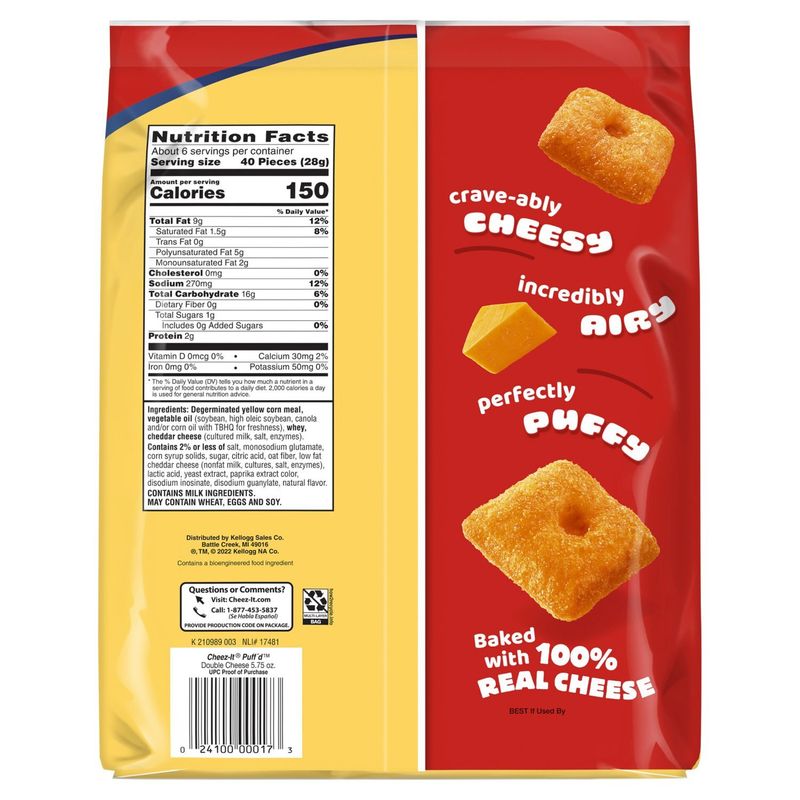 Cheez-It Puff'd Double Cheese Cheesy Baked Snacks, 5.75 oz