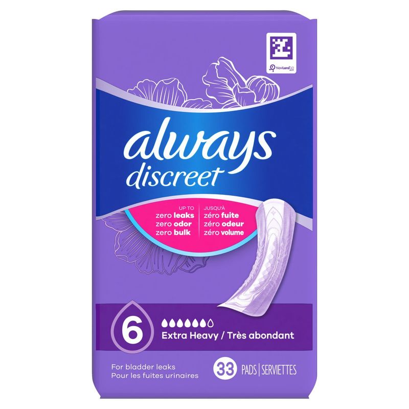 Always Discreet Adult Incontinence Pads for Women, Extra Heavy Absorbency, Regular Length, Postpart