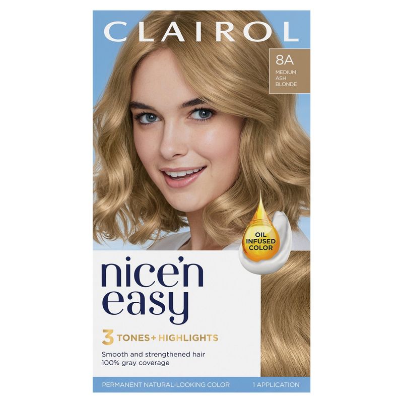 Clairol Nice'n Easy 8A Medium Ash Blonde 3 Tones + Highlights Permanent Haircolor, 1 application