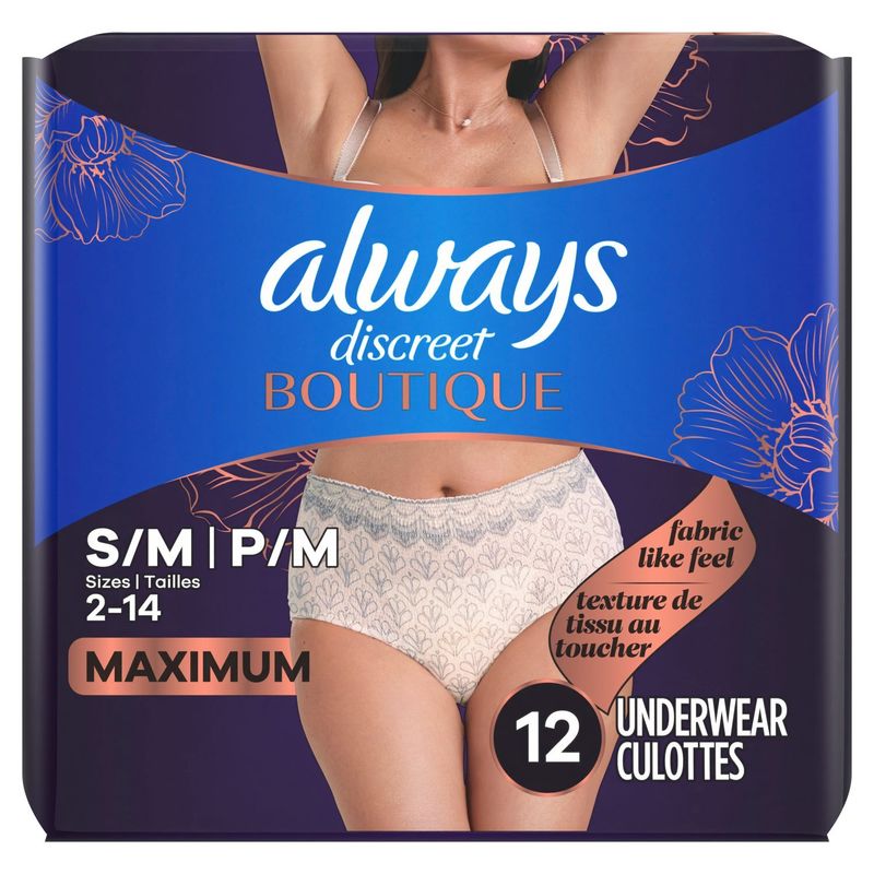 Always Discreet Boutique Maximum Underwear, Size S/M, 12 count