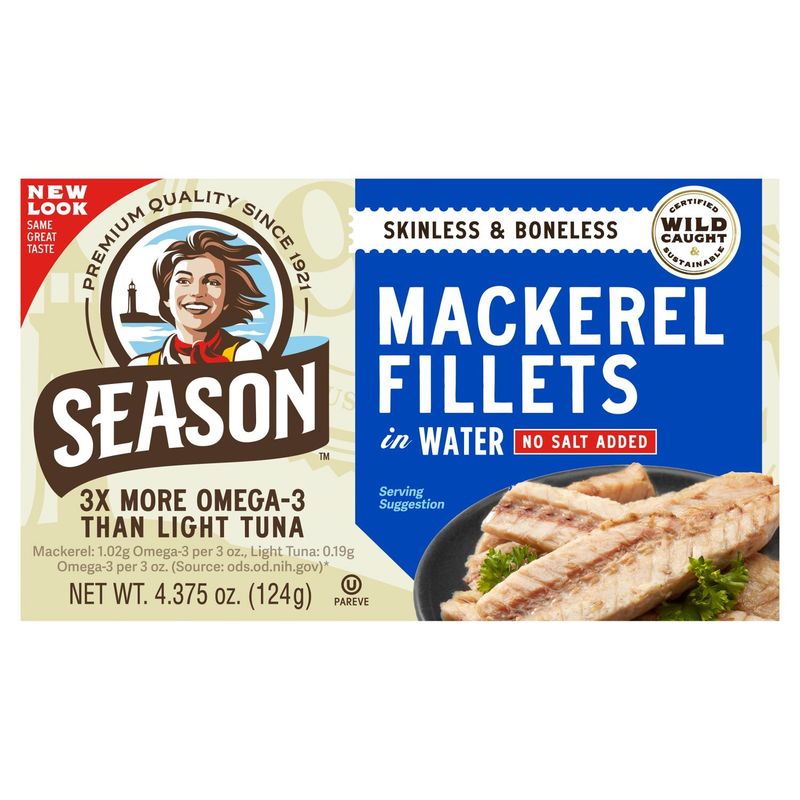 Season No Salt Added Skinless &amp; Boneless Mackerel Fillets in Water, 4.375 oz