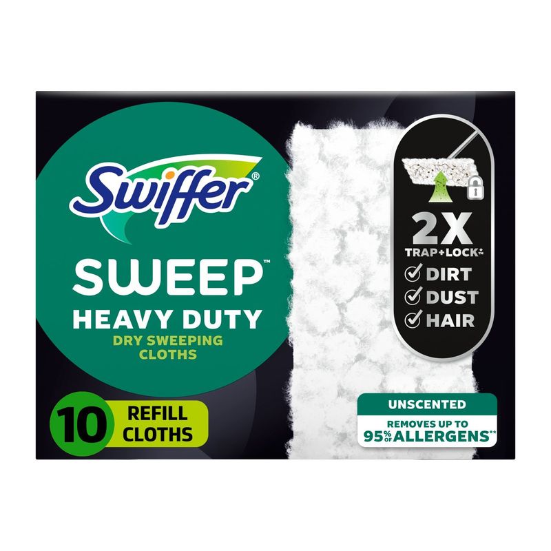 Swiffer Sweep + Mop, Dry Pads Refill, Floor Cleaner, Cleaning Cloths, Heavy Duty, Unscented, 10ct