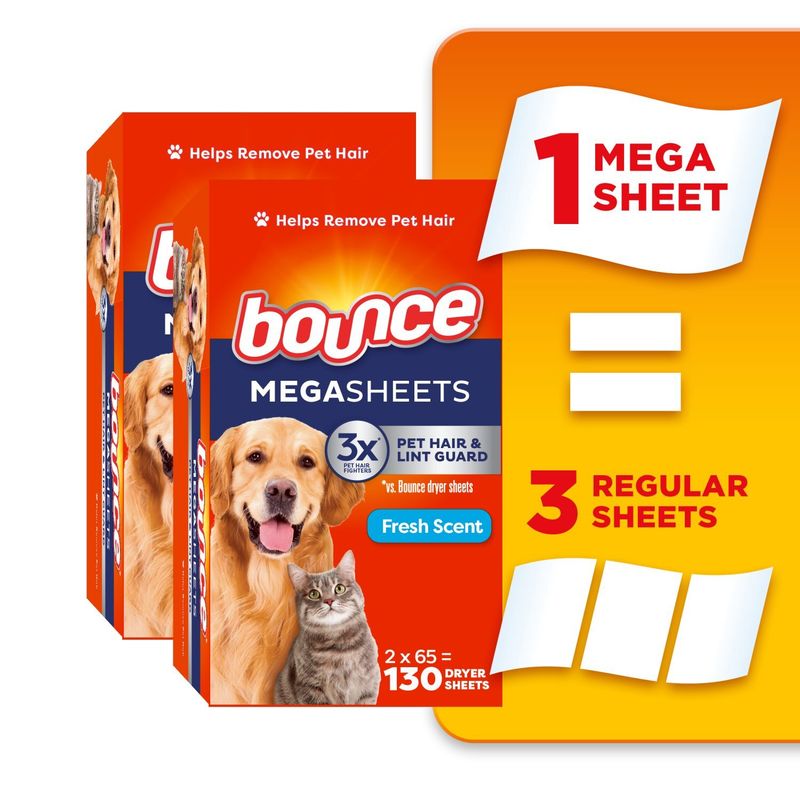 Bounce Pet Hair and Lint Guard Mega Dryer Sheets with 3X Pet Hair Fighters, Fresh Scent, 130 Count,