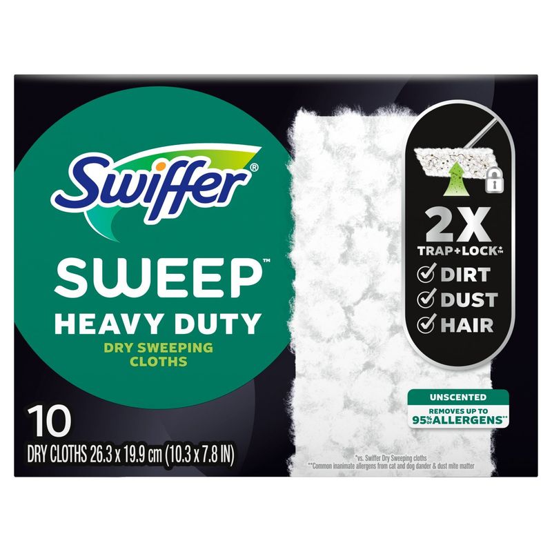 Swiffer Sweep + Mop, Dry Pads Refill, Floor Cleaner, Cleaning Cloths, Heavy Duty, Unscented, 10ct