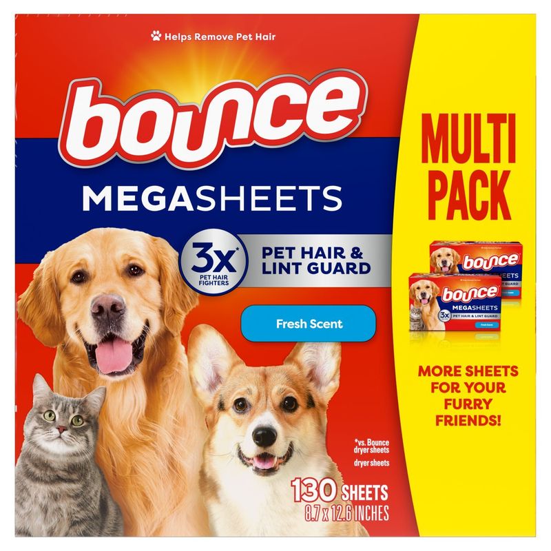 Bounce Pet Hair and Lint Guard Mega Dryer Sheets with 3X Pet Hair Fighters, Fresh Scent, 130 Count,