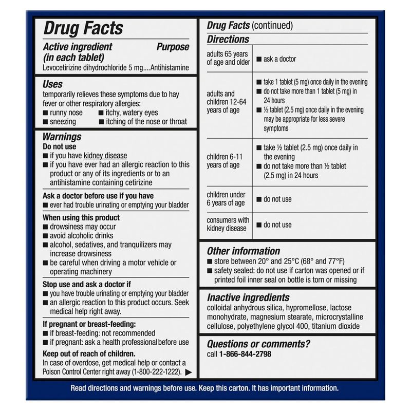 Xyzal Original Prescription Strength 24hr Allergy Tablets, 5 mg, 55 count