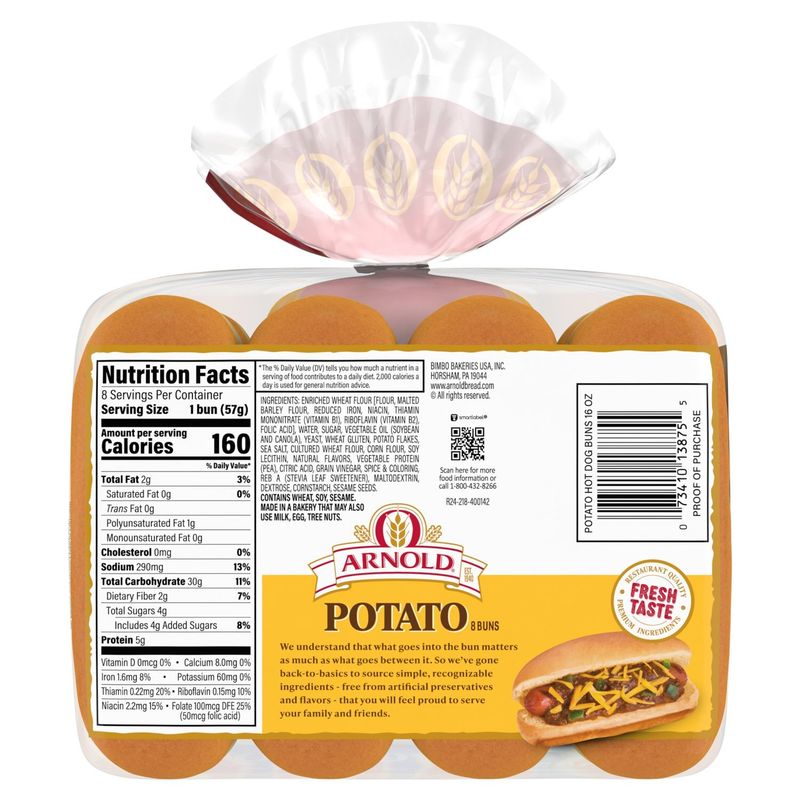 Arnold Potato Hot Dog Buns, 8 count, 1 lb