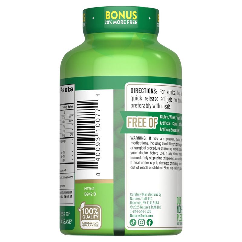Nature's Truth Natural Lemon Flavor Fish Oil Dietary Supplement, 2,400 mg, 120 count
