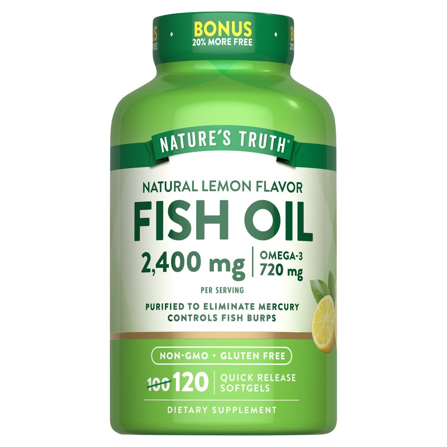 Nature's Truth Natural Lemon Flavor Fish Oil Dietary Supplement, 2,400 mg, 120 count