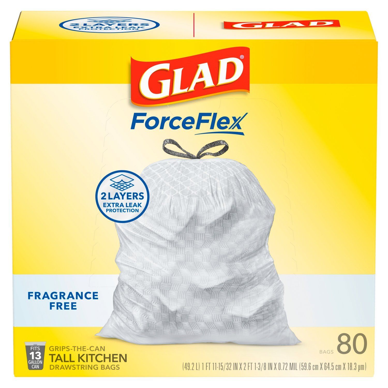 Glad ForceFlex Fragrance Free Tall Kitchen Drawstring Bags, 80 count