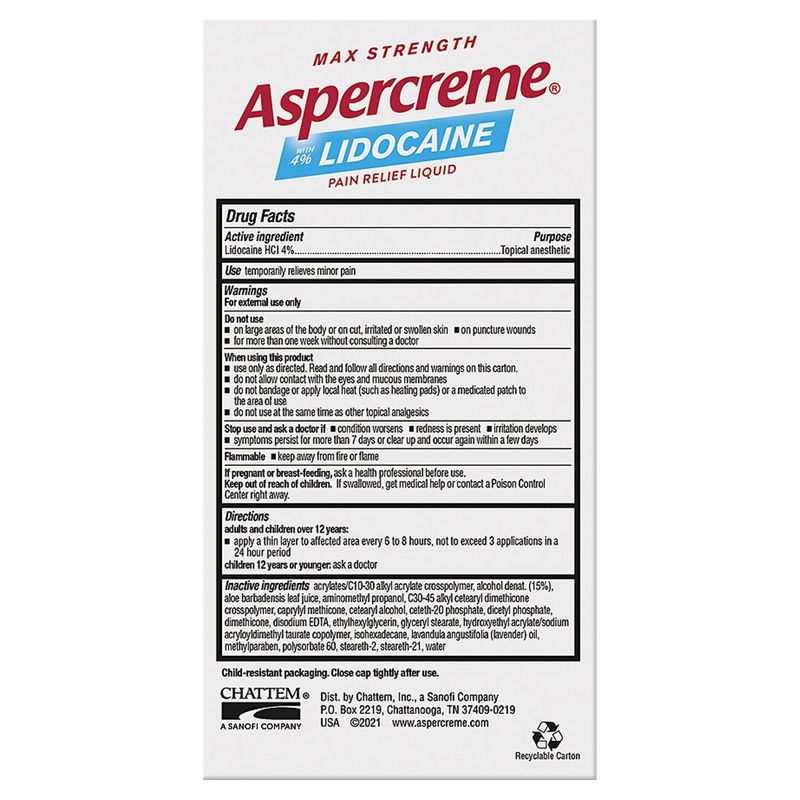 Aspercreme Max Strength with 4% Lidocaine with Lavender Essential Oil Pain Relief Liquid, 2.5 fl oz