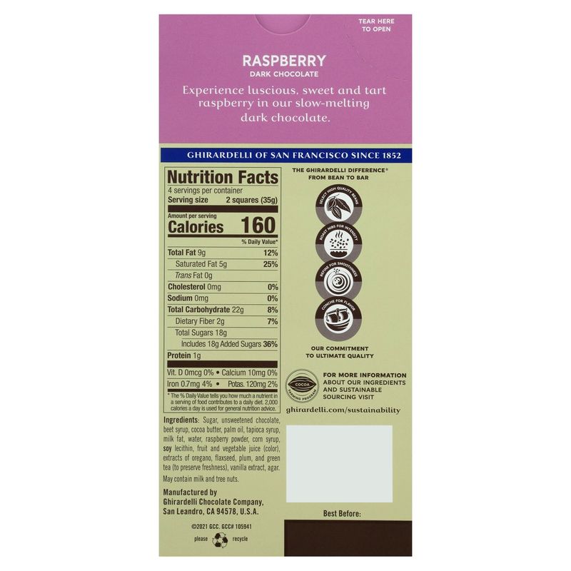 Ghirardelli Raspberry Dark Chocolate Squares Bar, 4.8 oz