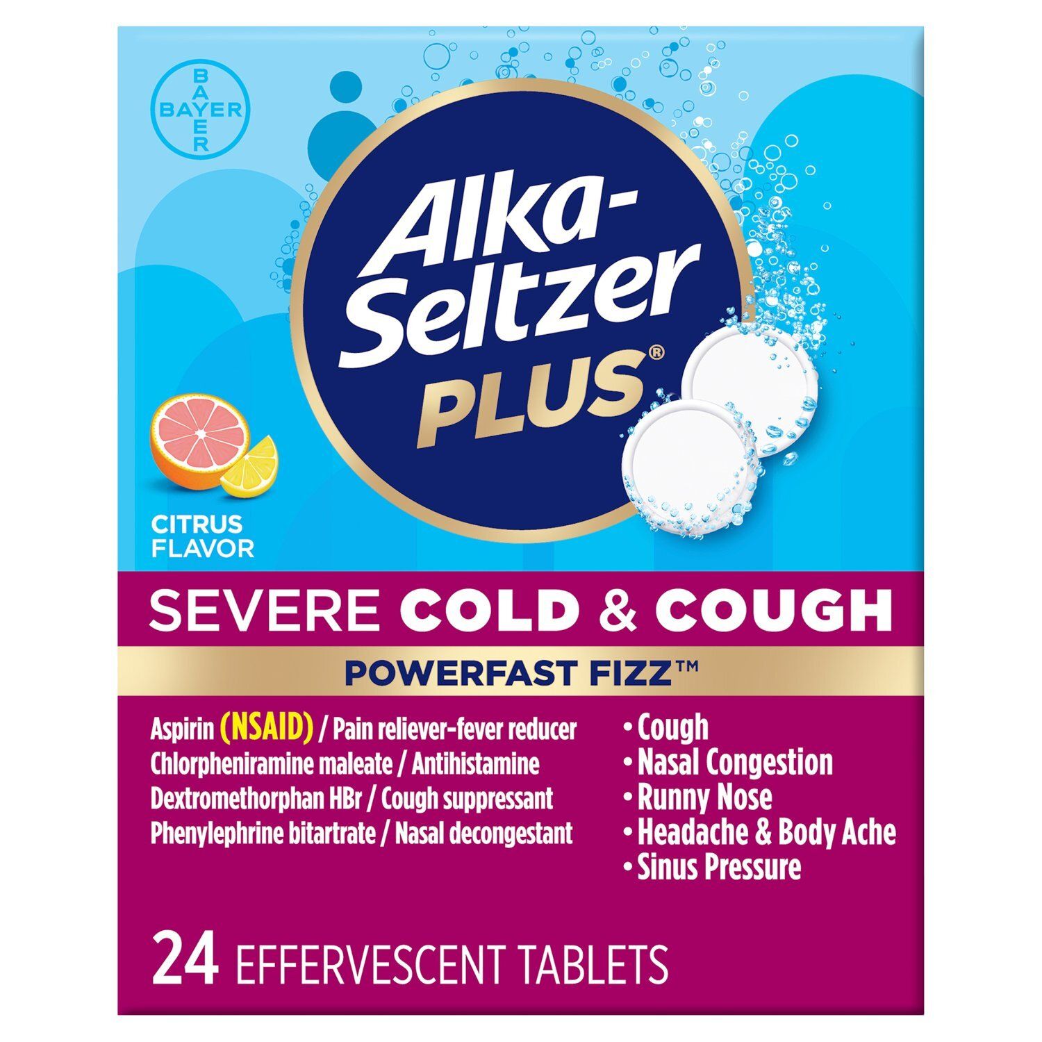 Alka-Seltzer Plus Powerfast Fizz Severe Cold &amp; Cough Citrus Flavor Effervescent Tablets, 24 count