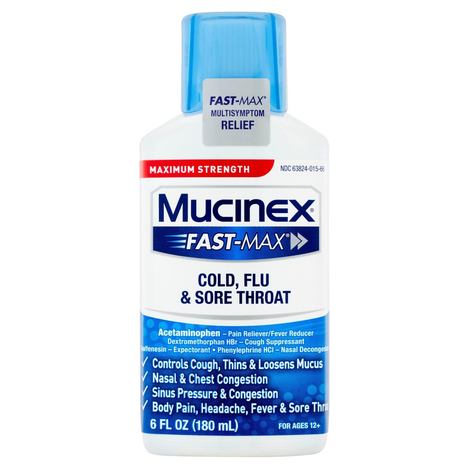 Mucinex Fast-Max Maximum Strength Cold, Flu &amp; Sore Throat Liquid, for Ages 12+, 6 fl oz