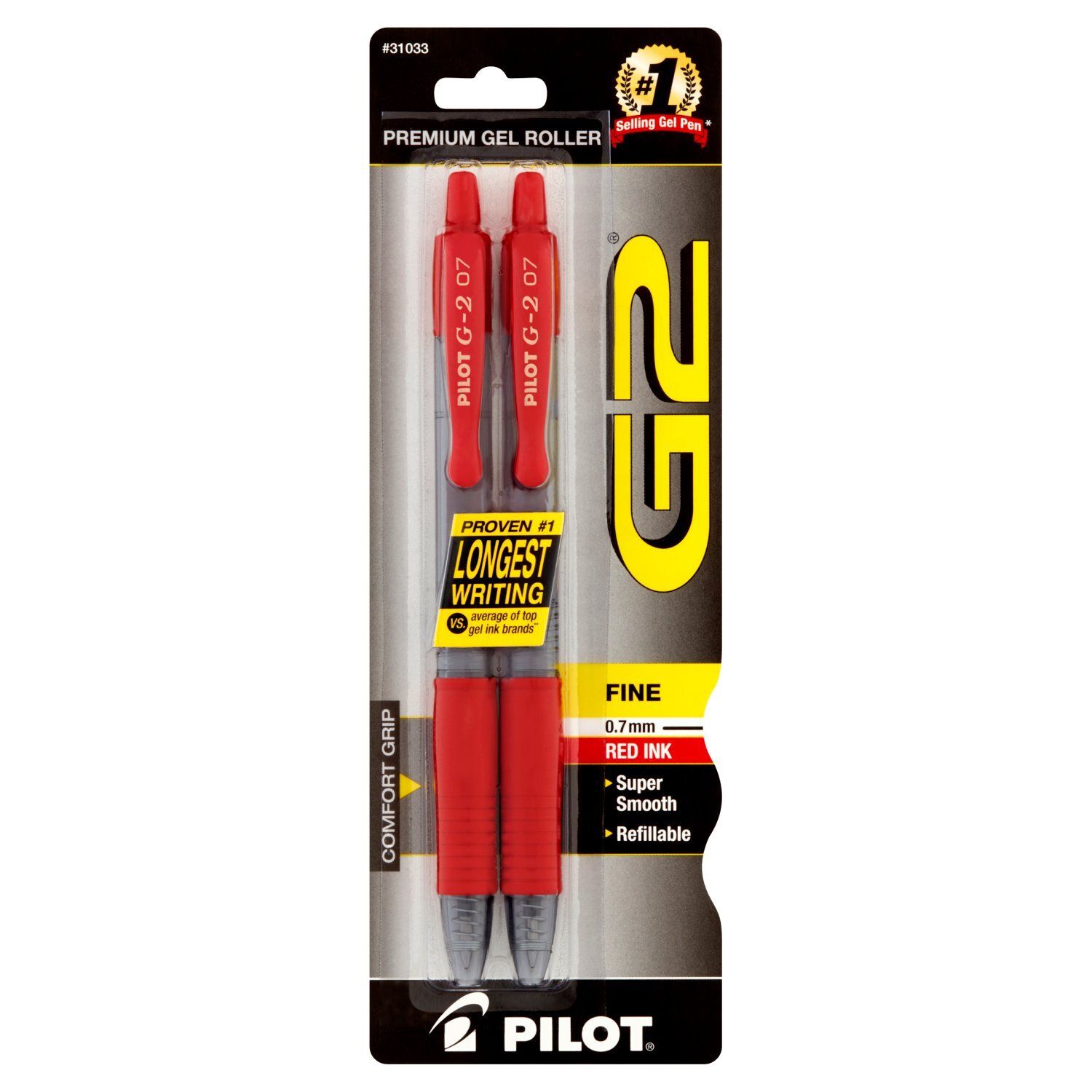 Pilot G2 Fine 0.7 mm Red Ink Premium Gel Roller Pens, 2 count