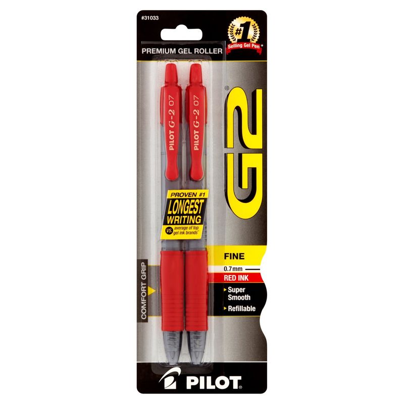 Pilot G2 Fine 0.7 mm Red Ink Premium Gel Roller Pens, 2 count
