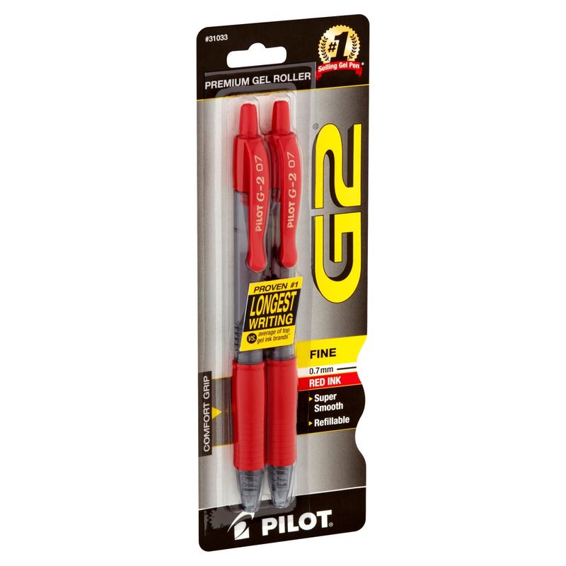 Pilot G2 Fine 0.7 mm Red Ink Premium Gel Roller Pens, 2 count