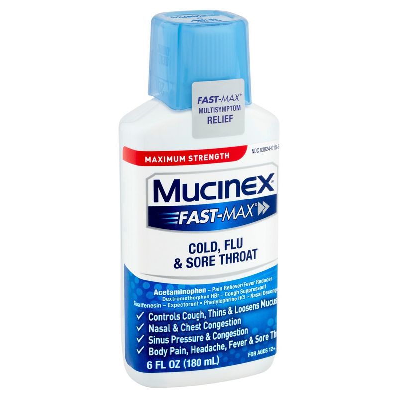 Mucinex Fast-Max Maximum Strength Cold, Flu &amp; Sore Throat Liquid, for Ages 12+, 6 fl oz