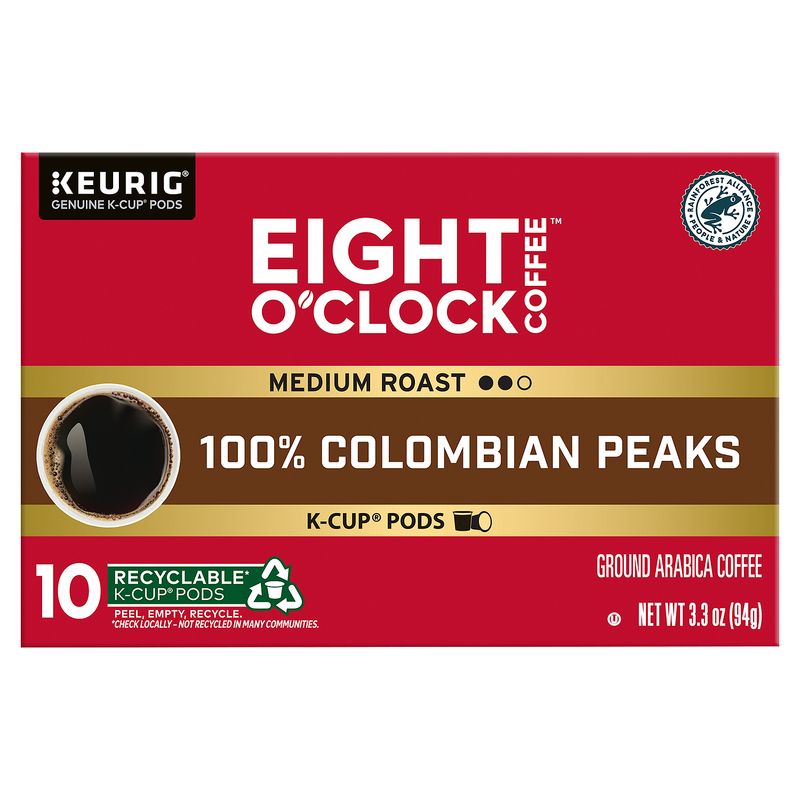 Eight O'Clock Coffee 100% Colombian Peaks Medium Roast Ground Coffee K-Cup Pods, 10 count, 3.3 oz