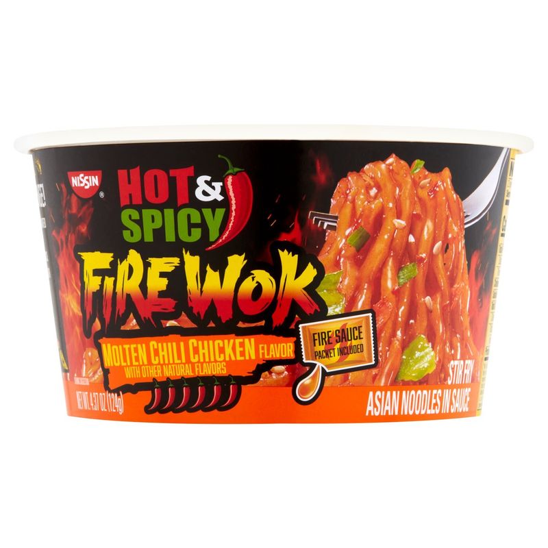 Nissin Hot &amp; Spicy Fire Wok Molten Chili Chicken Flavor Stir Fry Asian Noodles in Sauce, 4.37 oz