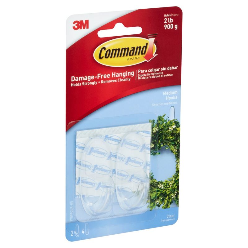 Command™ Clear Medium Hooks, 2 Hooks, 4 Strips/Pack