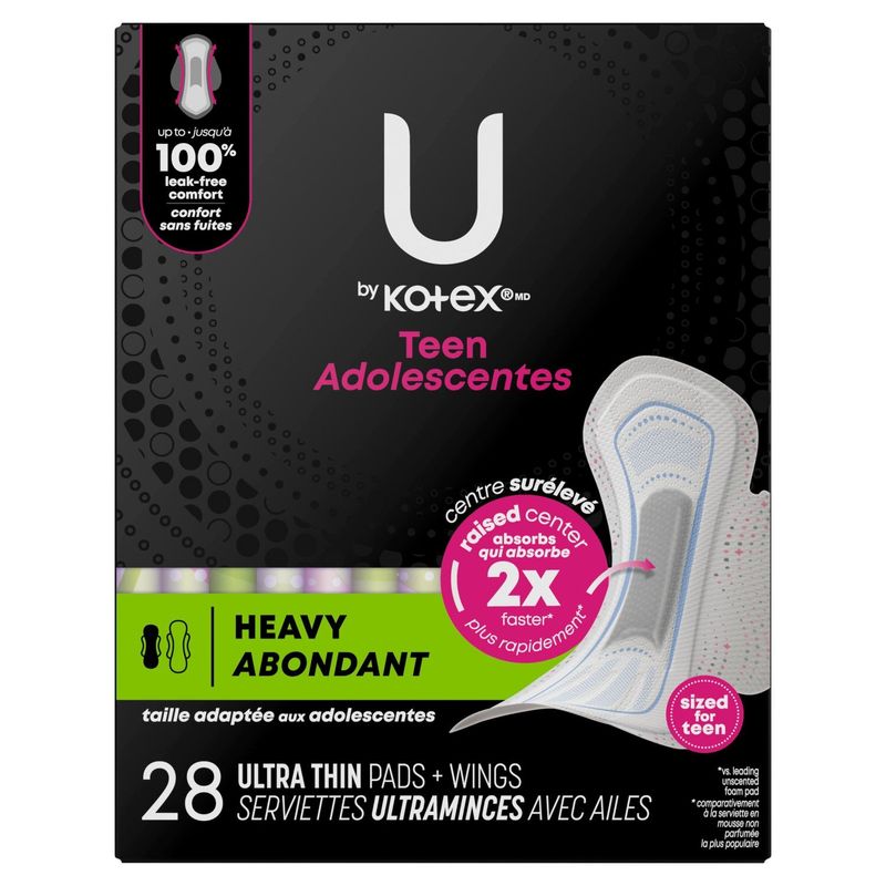 U by Kotex Teen Sized Heavy Ultra Thin Pads + Wings, 28 count
