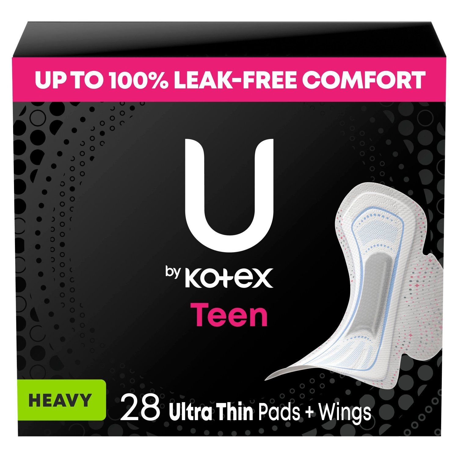 U by Kotex Teen Sized Heavy Ultra Thin Pads + Wings, 28 count