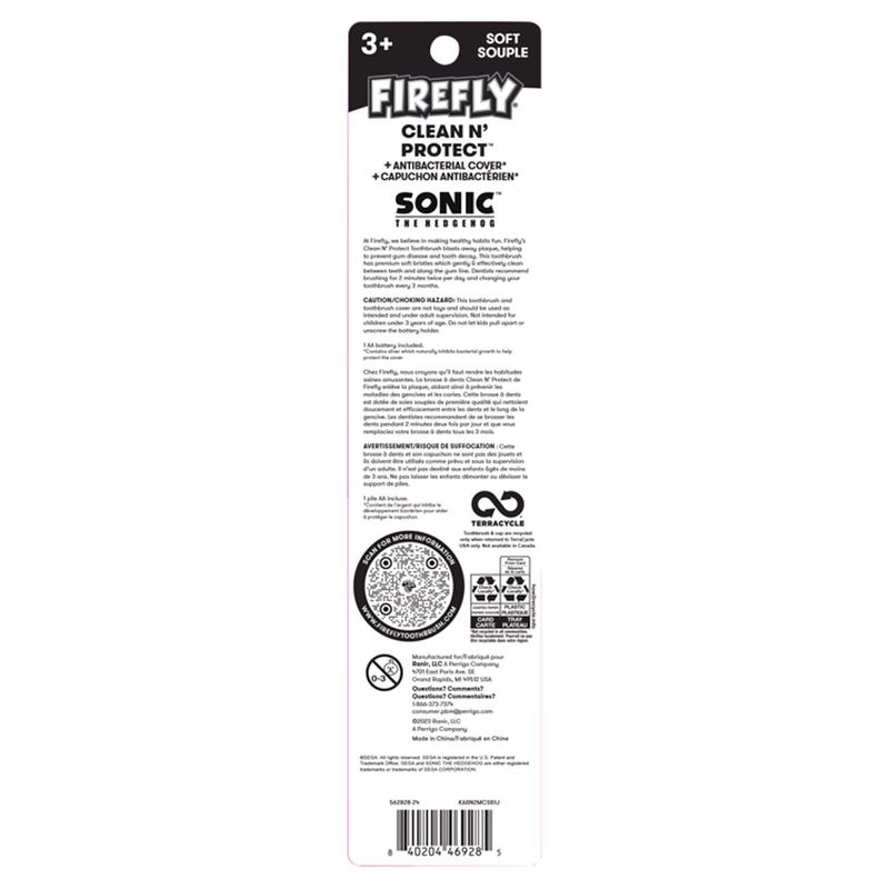 Firefly Clean N' Protect Sonic the Hedgehog Soft Power Toothbrush with Cover, 3+