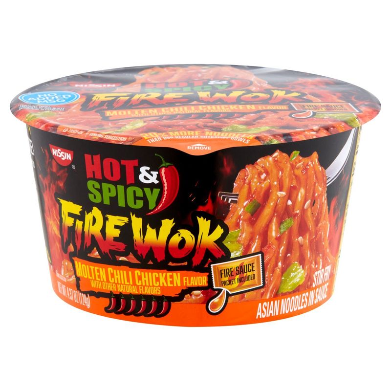 Nissin Hot &amp; Spicy Fire Wok Molten Chili Chicken Flavor Stir Fry Asian Noodles in Sauce, 4.37 oz