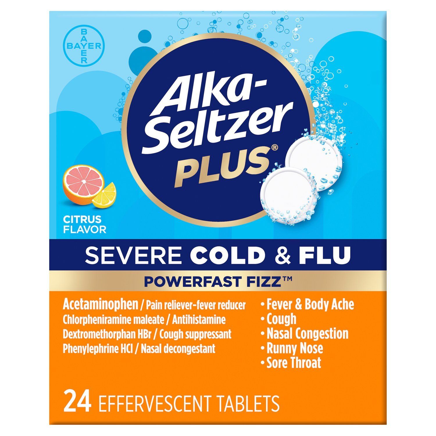 Alka-Seltzer Plus PowerFast Fizz Severe Cold &amp; Flu Citrus Flavor Effervescent Tablets, 24 count