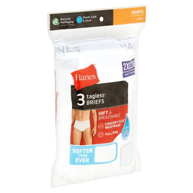 Hanes Mens White Tagless Briefs, 2XL, 3 count