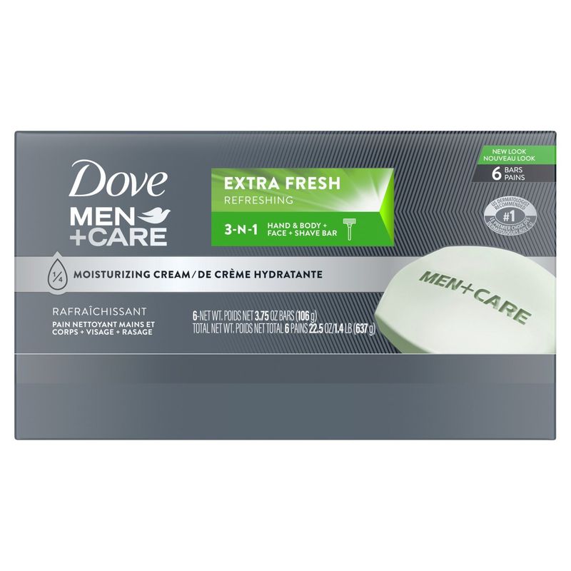 Dove Bar 3 in 1 Cleanser for Body, Face, and Shaving Extra Fresh 3.75 oz, 6 Bars