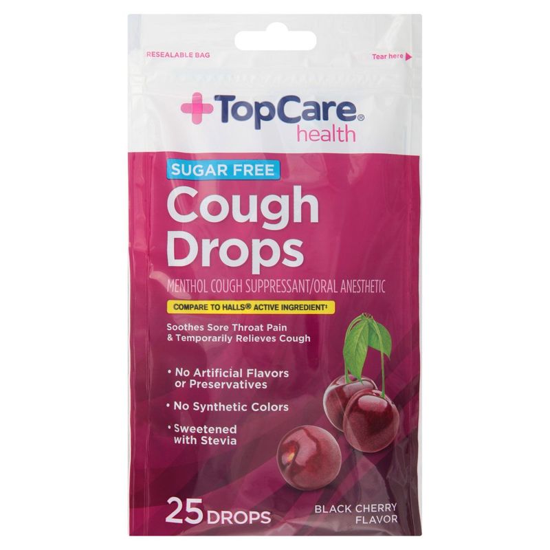 TopCare Health Sugar Free Black Cherry Flavor Cough Drops, 25 count
