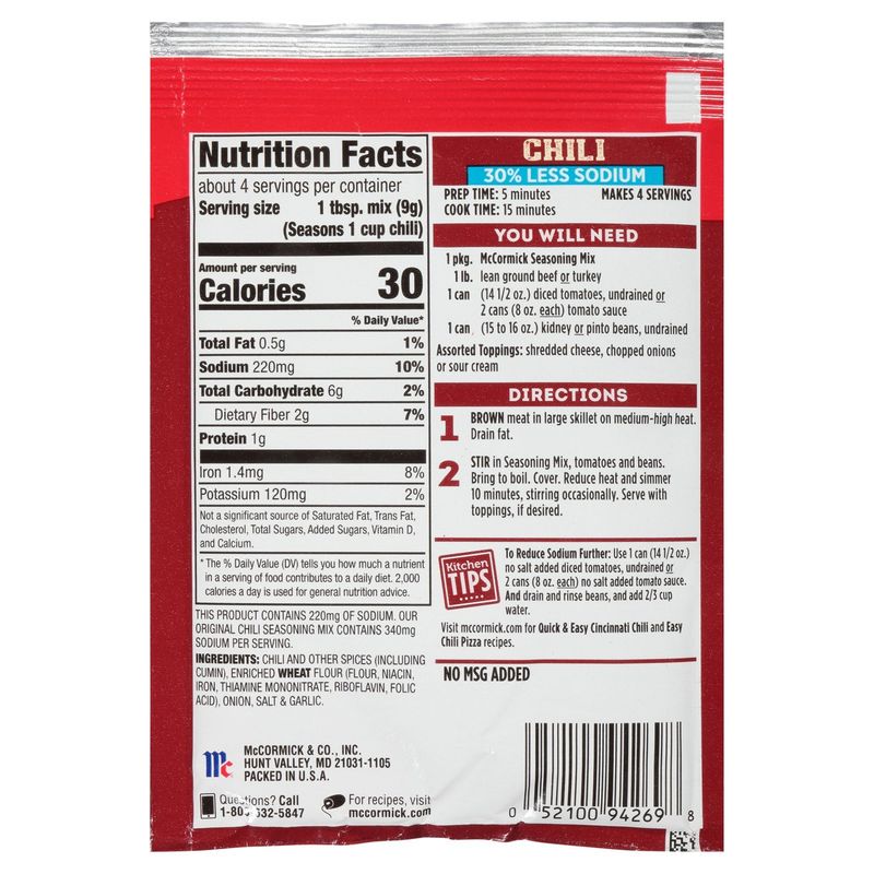 McCormick 30% Less Sodium Chili Seasoning Mix, 1.25 oz