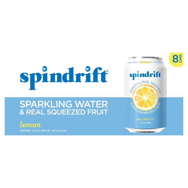 Spindrift Lemon Unsweetened Sparkling Water &amp; Real Squeezed Fruit, 12 fl oz, 8 count