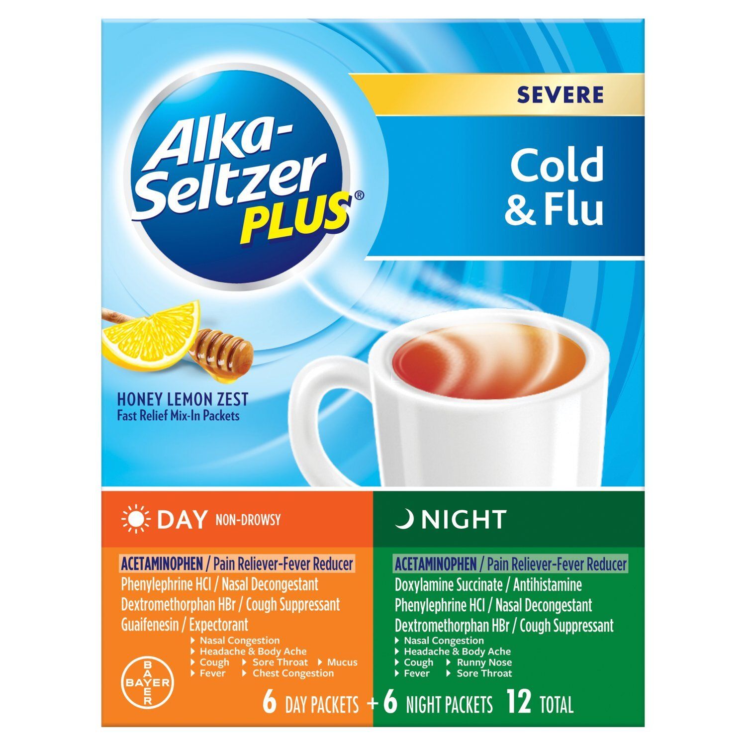 Alka-Seltzer Plus Honey Lemon Zest Severe Cold &amp; Flu Day and Night Packets, 12 count