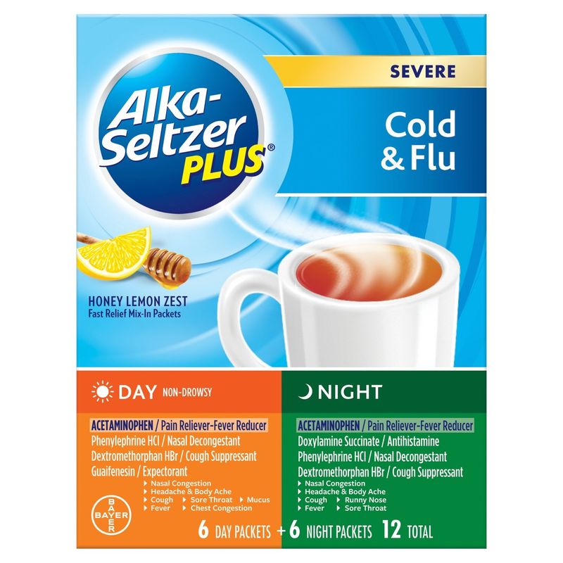 Alka-Seltzer Plus Honey Lemon Zest Severe Cold &amp; Flu Day and Night Packets, 12 count