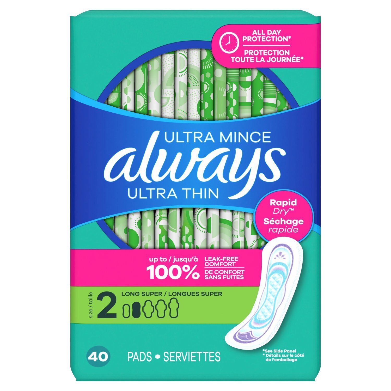 Always Ultra Thin Feminine Pads without Wings for Women, Size 2, Long Super Absorbency, Unscented,