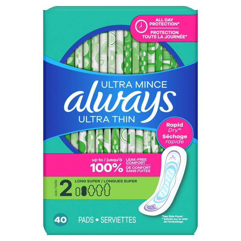 Always Ultra Thin Feminine Pads without Wings for Women, Size 2, Long Super Absorbency, Unscented,