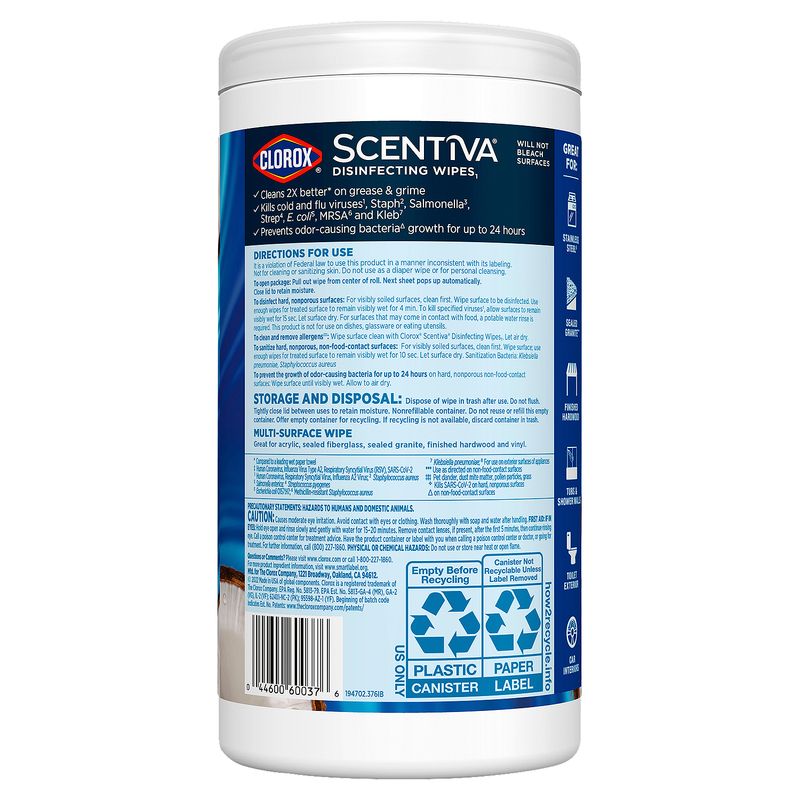 Clorox Scentiva Coconut and Waterlily Disinfecting Wipes, 75 count, 1 lb, 0.7 oz