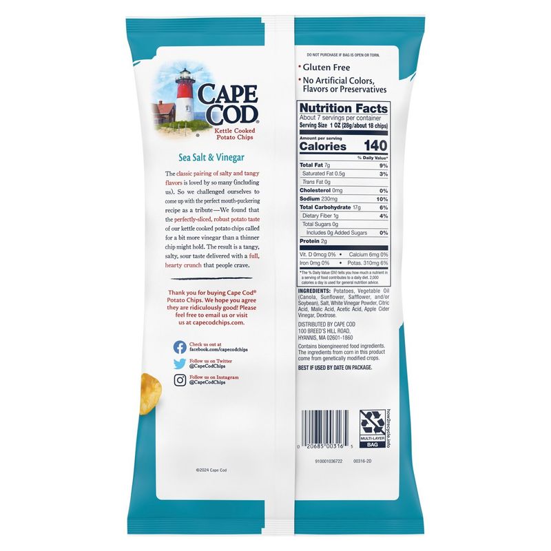 Cape Cod Sea Salt &amp; Vinegar Kettle Cooked Potato Chips, 7.5 oz