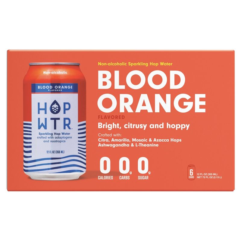 Hop Wtr Blood Orange Flavored Non-Alcoholic Sparkling Hop Water, 12 fl oz, 6 count
