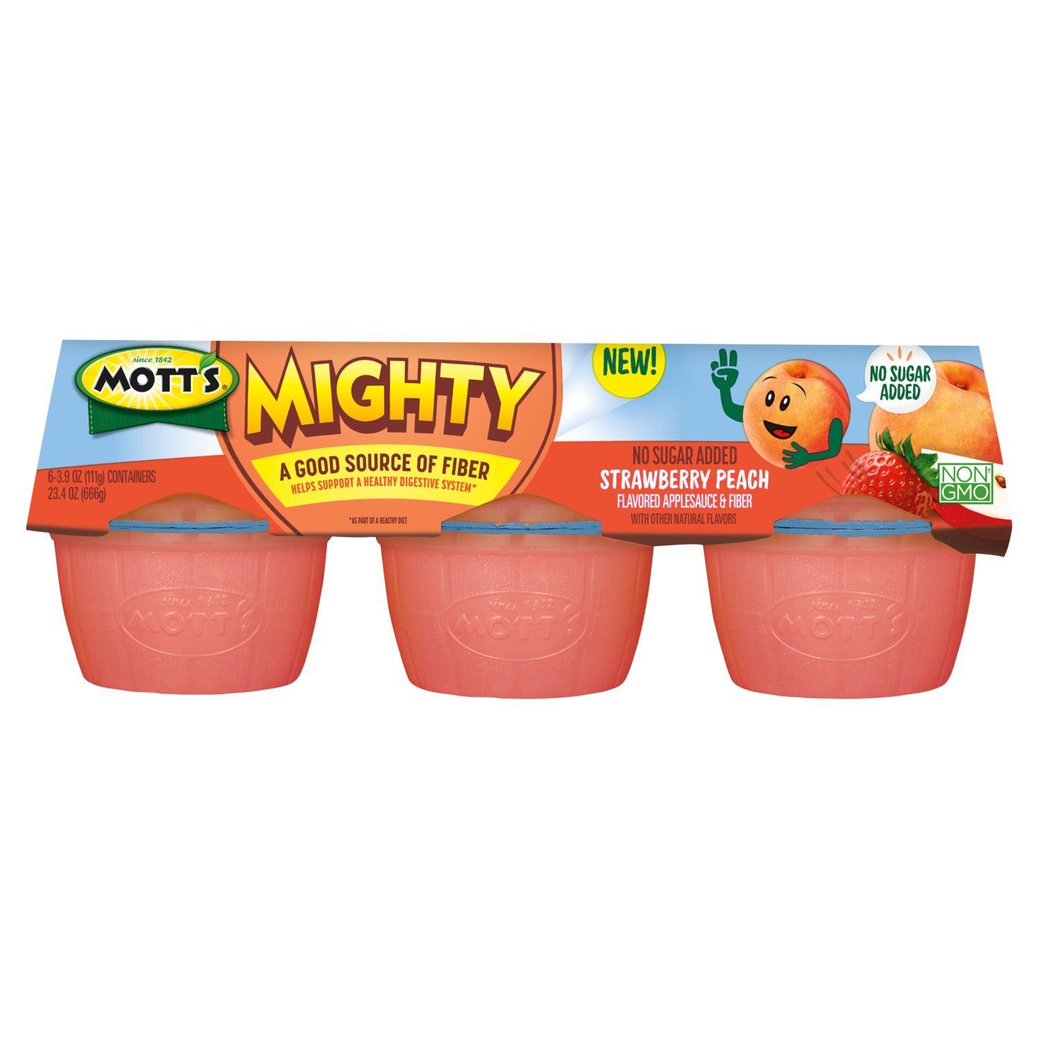 Mott's Mighty No Sugar Added Strawberry Peach Flavored Applesauce &amp; Fiber, 3.9 oz, 6 count
