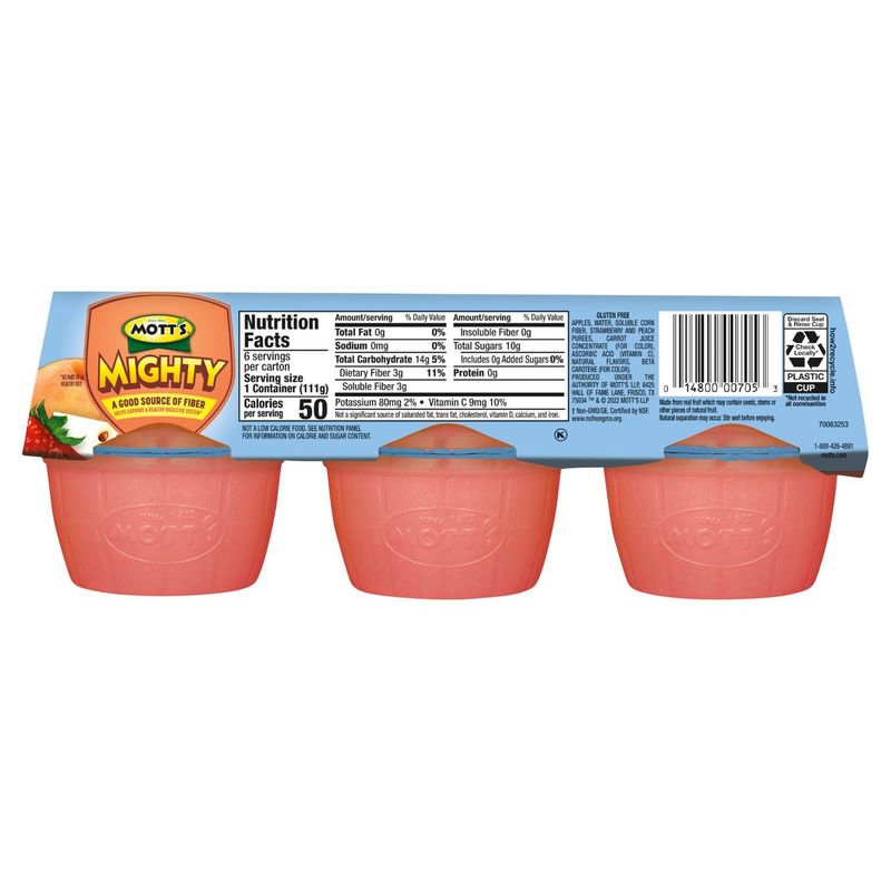 Mott's Mighty No Sugar Added Strawberry Peach Flavored Applesauce &amp; Fiber, 3.9 oz, 6 count