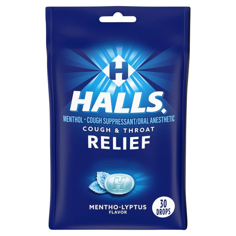Halls Cough &amp; Throat Relief Mentho-Lyptus Flavor Menthol Drops, 30 count